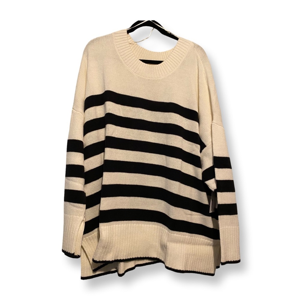 NWT-Sonoma -Plus Size Striped Black and Cream Women's Sweater - Picture 2 of 5